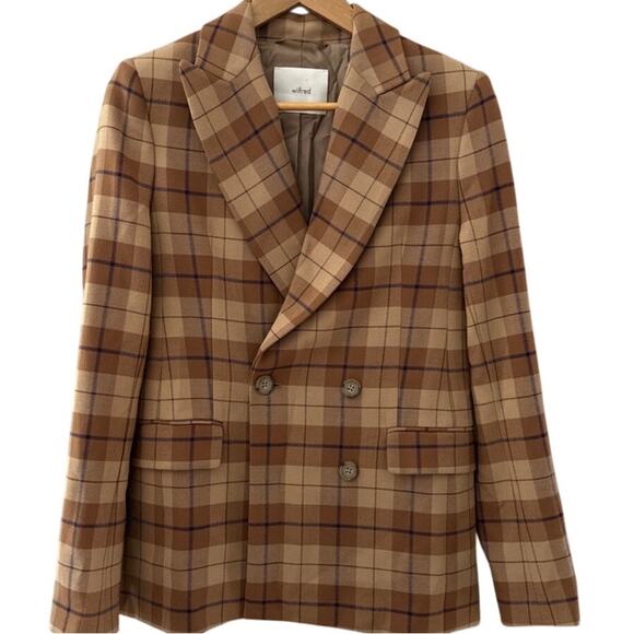 Aritzia Wilfred Wool-Blend Margaux Plaid Double Breasted Blazer Brown Size 0 - Picture 2 of 11